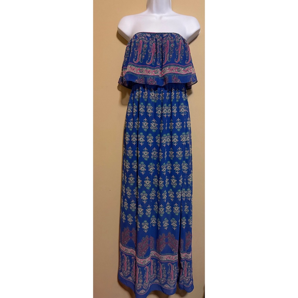 Blue Paisley Floral Strapless Ruffle Popover Maxi Dress Womens S Festival Resort